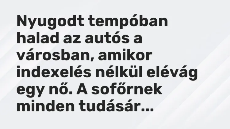 Vicc: Nyugodt tempóban halad az autós a városban, amikor indexelés nélkül elévág egy… Vicc: Nyugodt tempóban halad az autós a városban, amikor indexelés nélkül elévág egy…