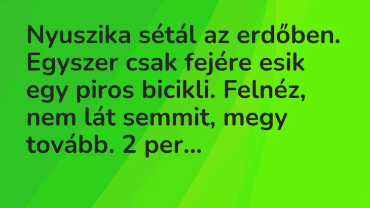 Vicc: Nyuszika sétál az erdőben. Egyszer csak fejére esik egy piros bicikli. Felnéz,…