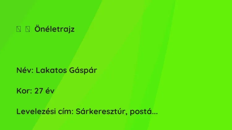 Vicc:
Önéletrajz
Név: Lakatos Gáspár
Kor: 27… Vicc:
Önéletrajz
Név: Lakatos Gáspár
Kor: 27…