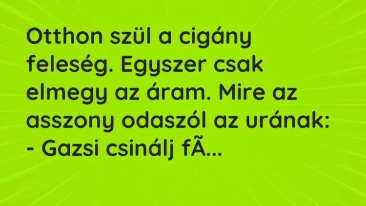 Vicc: Otthon szül a cigány feleség. Egyszer csak elmegy az áram. Mire az asszony… Vicc: Otthon szül a cigány feleség. Egyszer csak elmegy az áram. Mire az asszony…