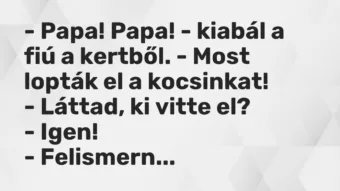 Vicc: – Papa! Papa! – kiabál a fiú a kertből. – Most lopták el a kocsinkat! -…