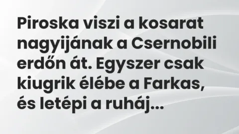 Vicc: Piroska viszi a kosarat nagyijának a Csernobili erdőn át. Egyszer csak kiugrik…