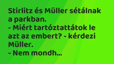 Vicc: Stirlitz és Müller sétálnak a parkban.

– Miért tartóztattátok le azt az…