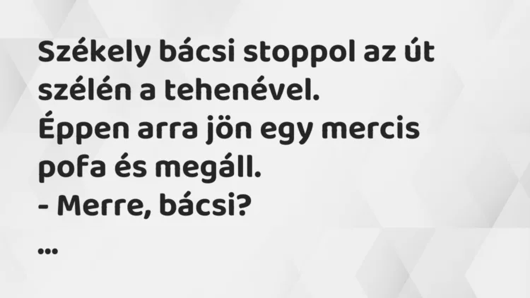 Vicc: Székely bácsi stoppol az út szélén a tehenével. Éppen arra jön egy mercis… Vicc: Székely bácsi stoppol az út szélén a tehenével. Éppen arra jön egy mercis…
