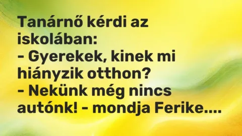 Vicc: Tanárnő kérdi az iskolában: 

– Gyerekek, kinek mi hiányzik otthon?

-…