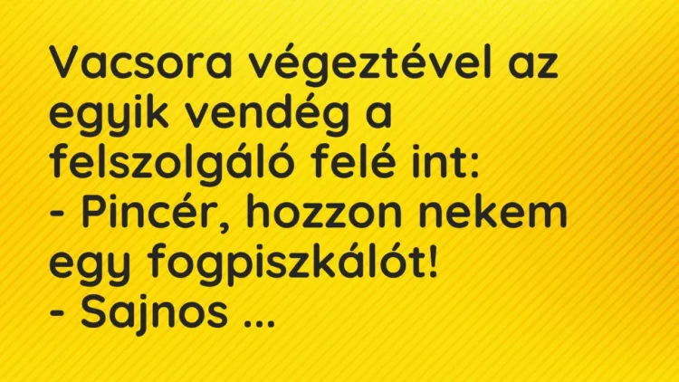 Vicc: Vacsora végeztével az egyik vendég a felszolgáló felé int:
– Pincér, hozzon… Vicc: Vacsora végeztével az egyik vendég a felszolgáló felé int:
– Pincér, hozzon…