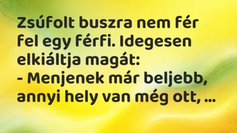 Vicc: Zsúfolt buszra nem fér fel egy férfi. Idegesen elkiáltja magát:

– Menjenek…