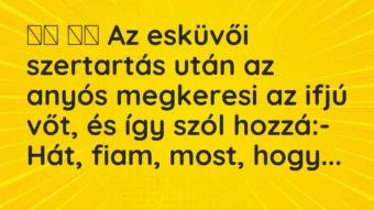 Viccek: Az esküvői szertartás után az anyós megkeresi az ifjú vőt, …