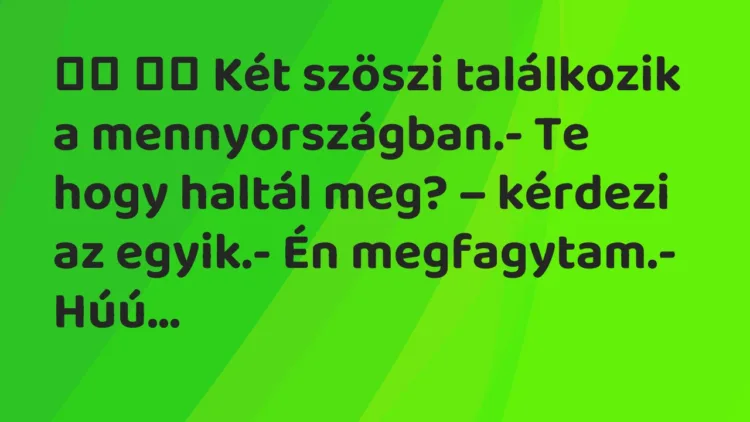 Viccek:
Két szöszi találkozik a mennyországban.- Te hogy haltál… Viccek:
Két szöszi találkozik a mennyországban.- Te hogy haltál…