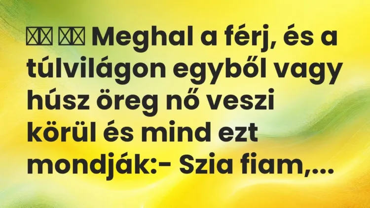 Viccek:
Meghal a férj, és a túlvilágon egyből vagy húsz öreg nő… Viccek:
Meghal a férj, és a túlvilágon egyből vagy húsz öreg nő…