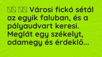 Viccek: Városi fickó sétál az egyik faluban, és a pályaudvart…