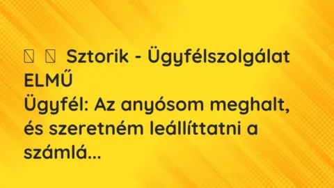 Vicces történet: 
	    	    Sztorik – Ügyfélszolgálat ELMŰ


Ügyfél: Az anyósom meghalt, és …