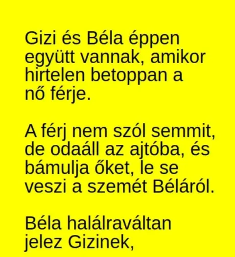 Vicc: Gizi és Béla éppen együtt vannak, amikor betoppan a Vicc: Gizi és Béla éppen együtt vannak, amikor betoppan a nő férje –