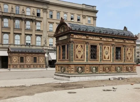 1896. Vörösmarty (akkor Gizella) tér, a földalatti lejárócsarnokai, háttérben a 1896. Vörösmarty (akkor Gizella) tér, a földalatti lejárócsarnokai, háttérben a … #RK1761389290