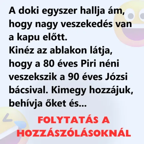 Vicc: A doki egyszer hallja ám, hogy nagy veszekedés van Vicc: A doki egyszer hallja ám, hogy nagy veszekedés van a kapu előtt