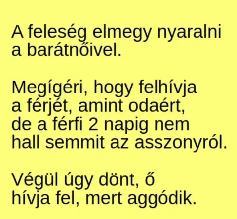 Vicc: A feleség elmegy nyaralni a barátnőivel. Megígéri, hogy felhívja a férjét…