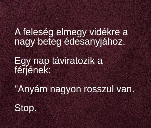 Vicc: A feleség elmegy vidékre a nagy beteg édesanyjához. Egy Vicc: A feleség elmegy vidékre a nagy beteg édesanyjához. Egy nap táviratozik a…