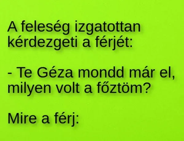 Vicc: A feleség izgatottan kérdezgeti a férjét: - Vicc: A feleség izgatottan kérdezgeti a férjét: –