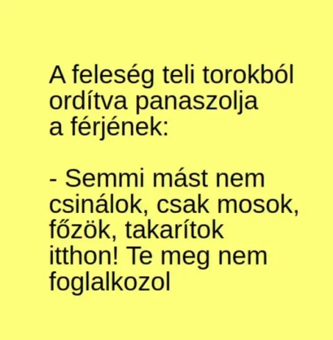 Vicc: A feleség teli torokból ordítva panaszolja a férjének: –