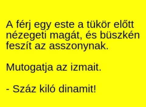 Vicc: A férj egy este a tükör előtt nézegeti magát, és büszkén feszít az…