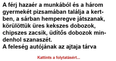 Vicc: A férj hazaér a munkából és a három gyermekét pizsamában találja a kertben a…