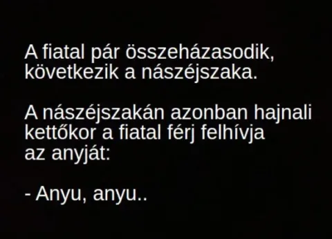 Vicc: A nászéjszakán hajnali kettőkor a fiatal férj felhívja az anyját: – TUDNOD…