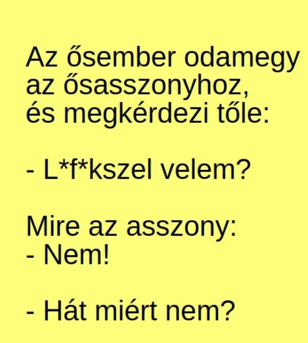 Vicc: Az ősember odamegy az ősasszonyhoz, és megkérdezi tőle: - Vicc: Az ősember odamegy az ősasszonyhoz, és megkérdezi tőle: –