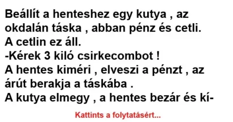 Vicc: Beállít a henteshez egy kutya, az okdalán táska , abban pénz és cetli
