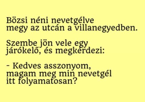 Vicc: Bözsi néni nevetgélve megy az utcán a villanegyedben –