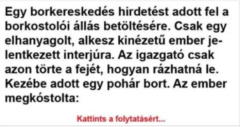 Vicc: Egy borkereskedés hirdetést adott fel a borkostolói állás betöltésére