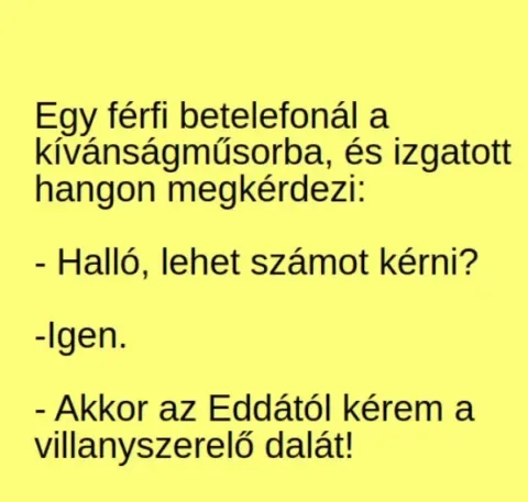 Vicc: Egy férfi betelefonál a kívánságműsorba, és izgatott hangon megkérdezi: Vicc: Egy férfi betelefonál a kívánságműsorba, és izgatott hangon megkérdezi: -…