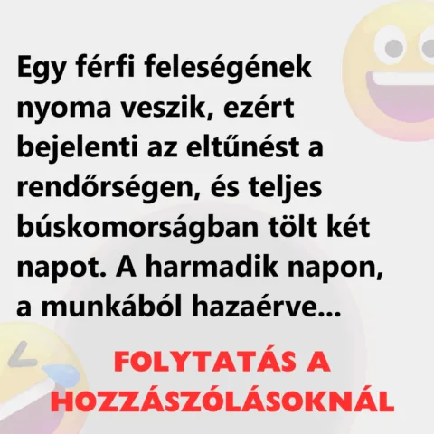 Vicc: Egy férfi feleségének nyoma veszik, ezért bejelenti az eltűnést Vicc: Egy férfi feleségének nyoma veszik, ezért bejelenti az eltűnést a rendőrségen