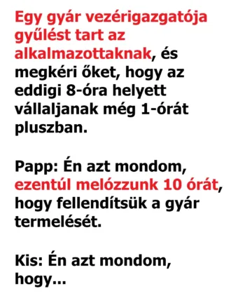 Vicc: Egy gyár vezérigazgatója gyűlést tart az alkalmazottaknak