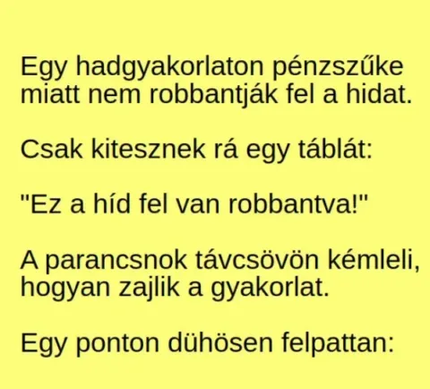Vicc: Egy hadgyakorlaton pénzszűke miatt nem robbantják fel a hidat. Csak…