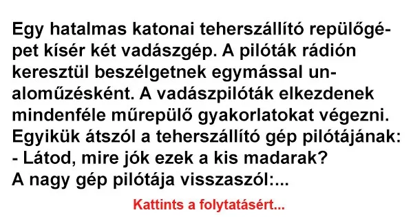 Vicc: Egy hatalmas katonai teherszállító repülőgépet kísér két vadászgép Vicc: Egy hatalmas katonai teherszállító repülőgépet kísér két vadászgép