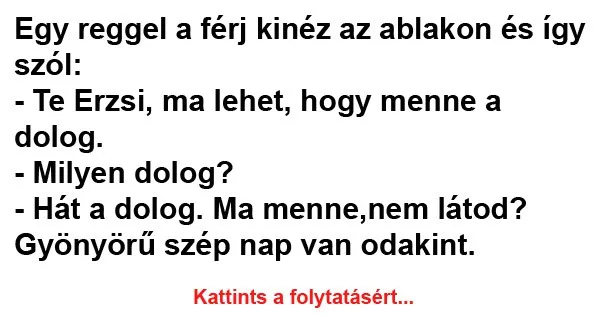 Vicc: Egy reggel a férj kinéz az ablakon és így Vicc: Egy reggel a férj kinéz az ablakon és így szól
