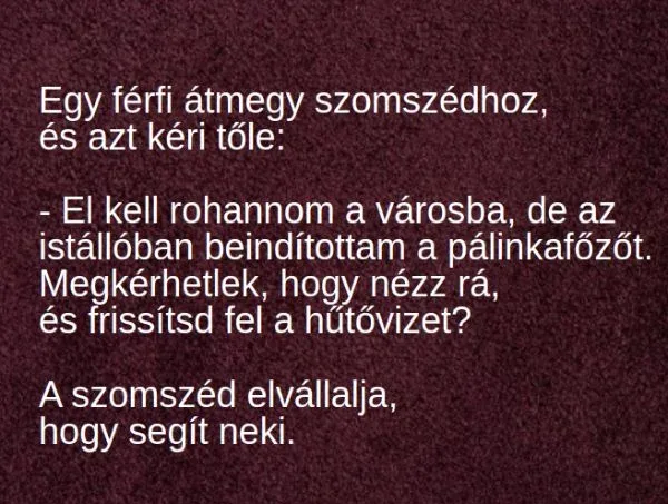 Vicc: El kell rohannom a városba, de az istállóban beindítottam Vicc: El kell rohannom a városba, de az istállóban beindítottam a pálinkafőzőt -…