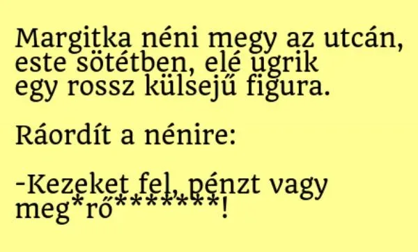 Vicc: Margitka néni megy az utcán, este sötétben, elé ugrik Vicc: Margitka néni megy az utcán, este sötétben, elé ugrik egy rossz külsejű…