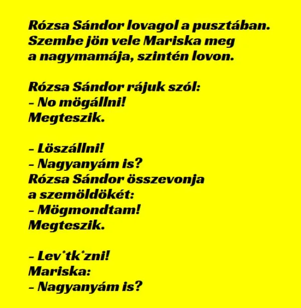 Vicc: Rózsa Sándor lovagol a pusztában. Szembe jön vele Mariska Vicc: Rózsa Sándor lovagol a pusztában. Szembe jön vele Mariska meg a…