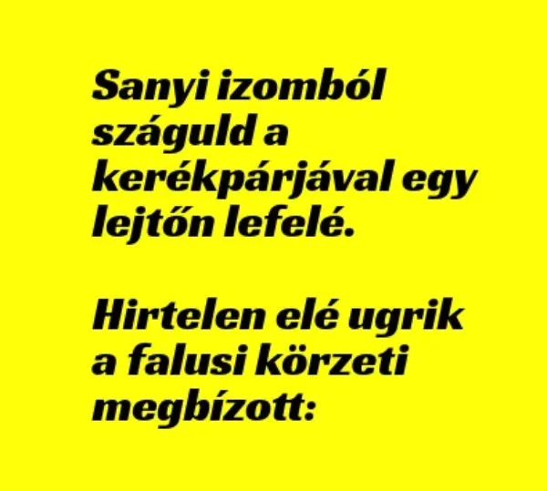Vicc: Sanyi izomból száguld a kerékpárjával egy lejtőn lefelé - Vicc: Sanyi izomból száguld a kerékpárjával egy lejtőn lefelé –