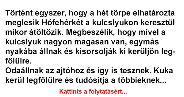 Vicc: Történt egyszer, hogy a hét törpe elhatározta meglesik Hófehérkét Vicc: Történt egyszer, hogy a hét törpe elhatározta meglesik Hófehérkét a kulcslyukon…
