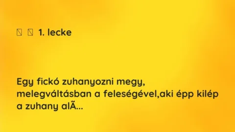 Vicc:
1. lecke
Egy fickó zuhanyozni megy, melegváltásban a… Vicc:
1. lecke
Egy fickó zuhanyozni megy, melegváltásban a…
