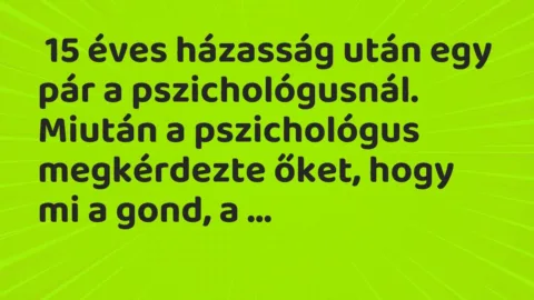 Vicc:  15 éves házasság után egy pár a pszichológusnál.

Miután a pszichológus…