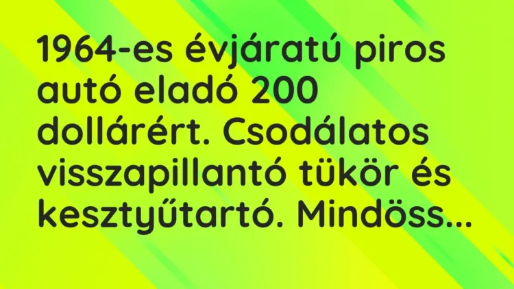 Vicc: 1964-es évjáratú piros autó eladó 200 dollárért. Csodálatos visszapillantó tükör… Vicc: 1964-es évjáratú piros autó eladó 200 dollárért. Csodálatos visszapillantó tükör…