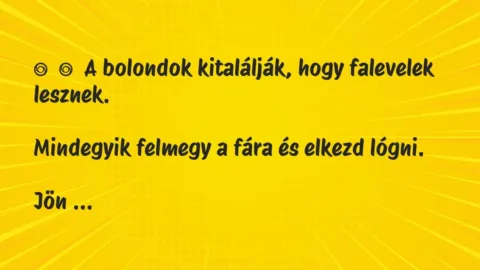 Vicc:
A bolondok kitalálják, hogy falevelek lesznek.
Mindegyik… Vicc:
A bolondok kitalálják, hogy falevelek lesznek.
Mindegyik…