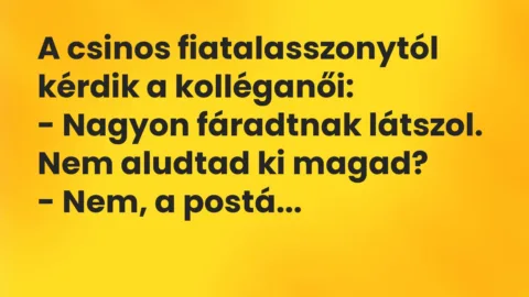 Vicc: A csinos fiatalasszonytól kérdik a kolléganői:

– Nagyon fáradtnak látszol….