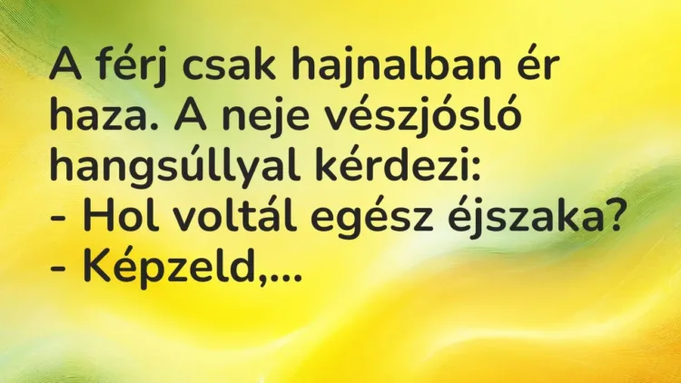 Vicc: A férj csak hajnalban ér haza. A neje vészjósló hangsúllyal kérdezi:
– Hol… Vicc: A férj csak hajnalban ér haza. A neje vészjósló hangsúllyal kérdezi:
– Hol…