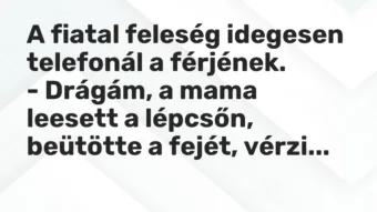 Vicc: A fiatal feleség idegesen telefonál a férjének. – Drágám, a mama leesett a…
