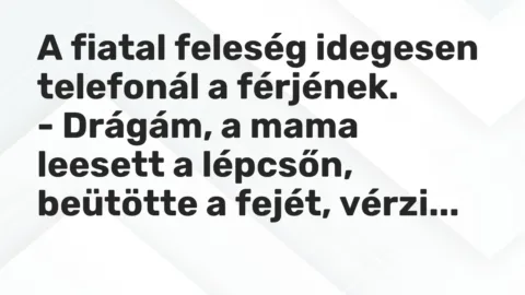Vicc: A fiatal feleség idegesen telefonál a férjének.

– Drágám, a mama leesett a…