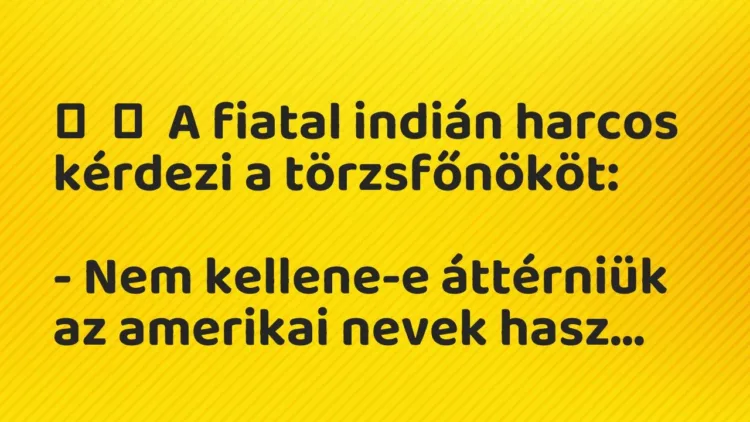 Vicc:
A fiatal indián harcos kérdezi a törzsfőnököt:
– Nem kellene-e… Vicc:
A fiatal indián harcos kérdezi a törzsfőnököt:
– Nem kellene-e…